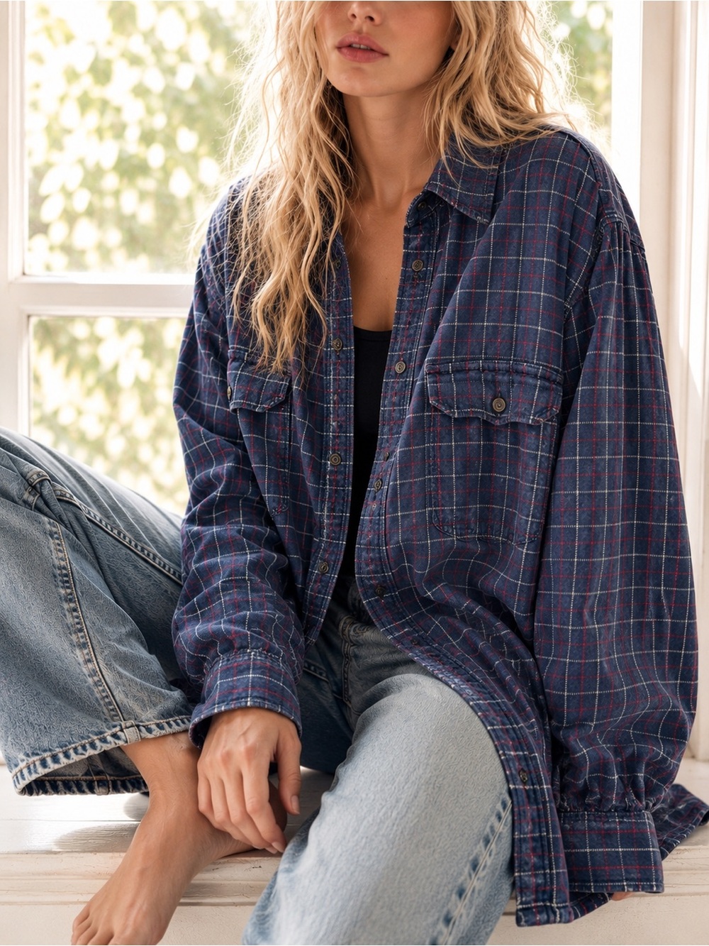 Oversized Navy Plaid Distressed Boyfriend Flannel Shirt Urban Outfitters Large